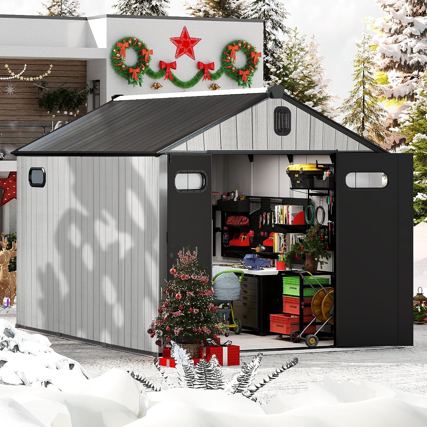 Domi 8x10 FT Outdoor Resin Storage Shed, All-Weather Double-Wall Garden Shed for Backyard, Lawn Tools, Bike, Mower & Pool Equipment with Lockable Doors, Ventilated Roof, Grey