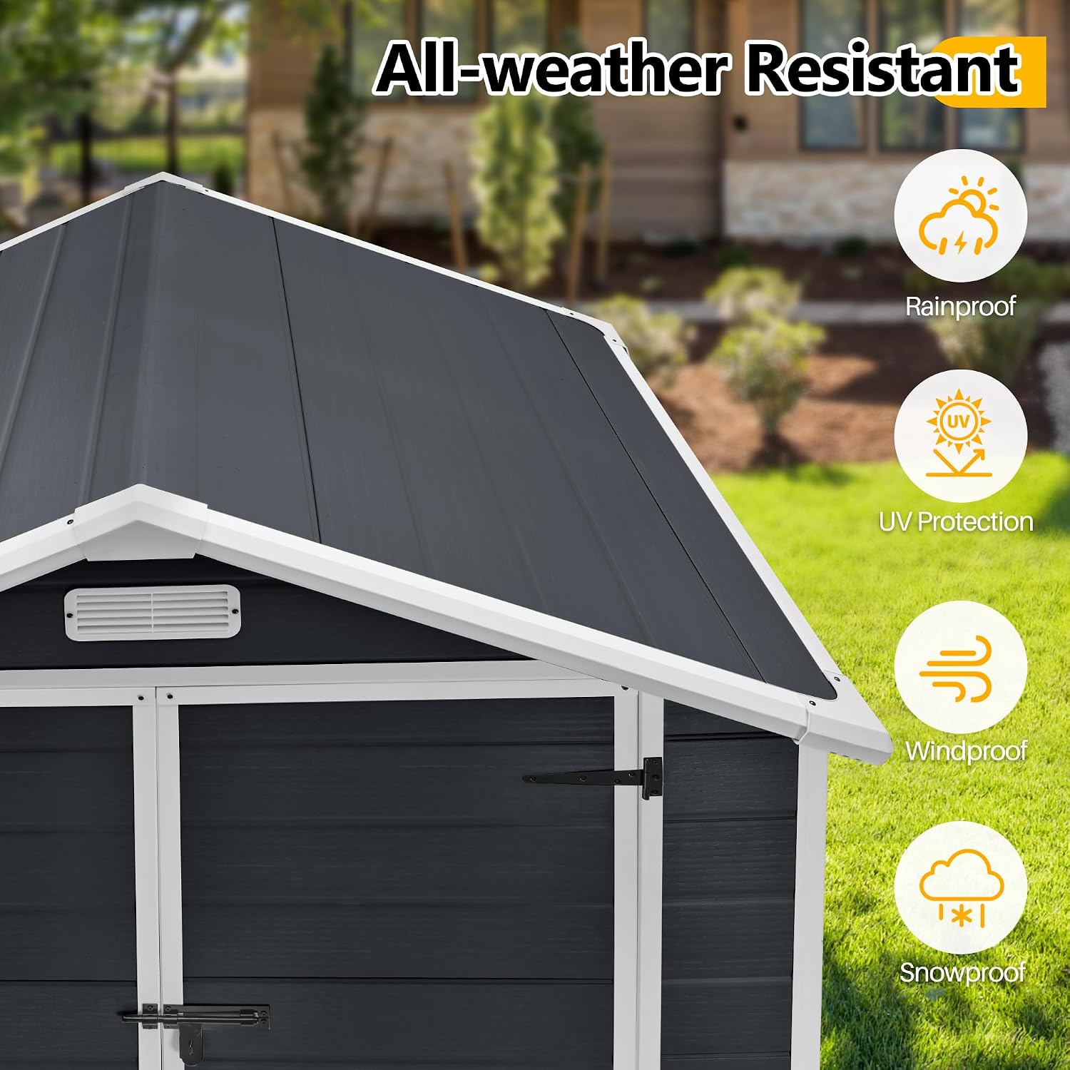 HUGROVE 6×4ft Outdoor Storage Shed with Floor, Waterproof & UV-Resistant Resin Garden Shed for Backyard with Lockable Double Doors, Air Vents & Side Window (Dark Gray)