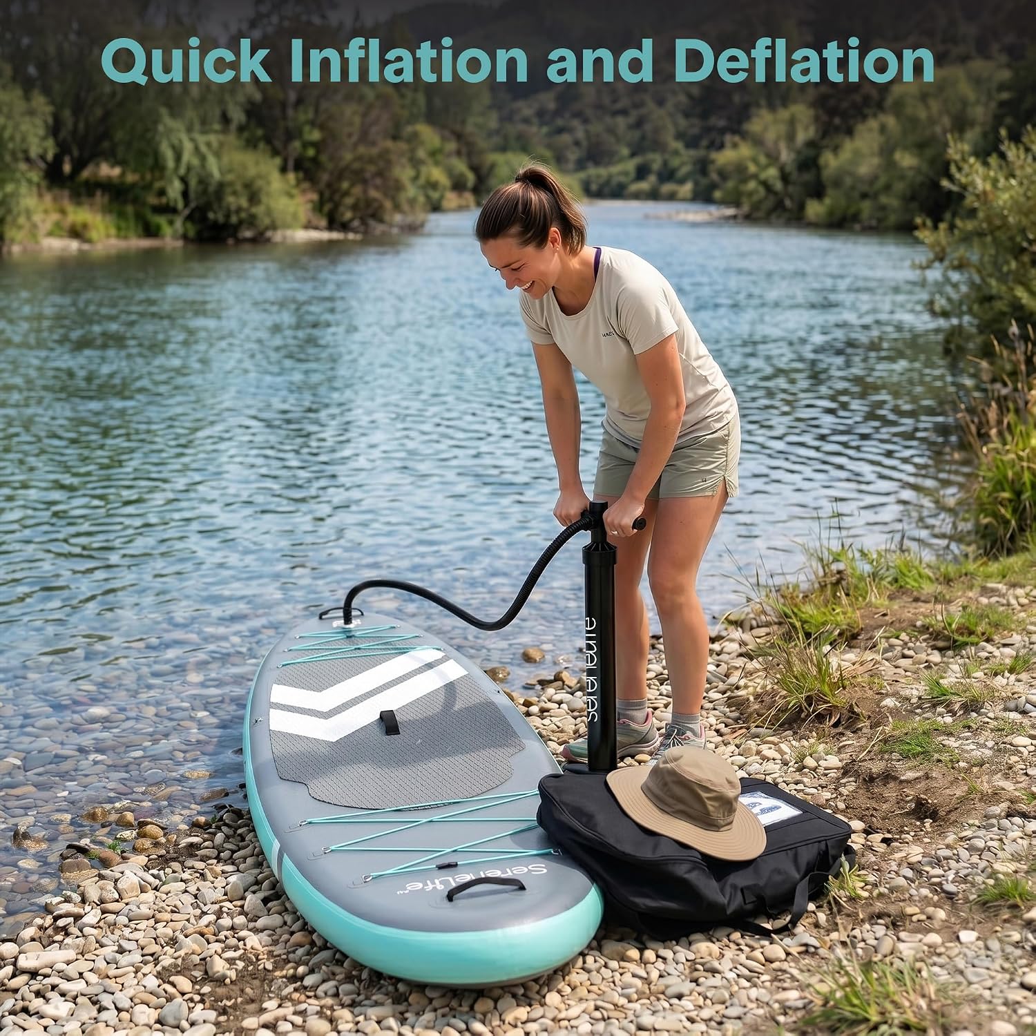 SereneLife Ultra-Light Inflatable Stand Up Paddle Board with Premium SUP Accessories - Extra Wide Stable Design with Non-Slip EVA Deck Pad for Youth and Adults of All Skill Levels - 350 lbs Capacity