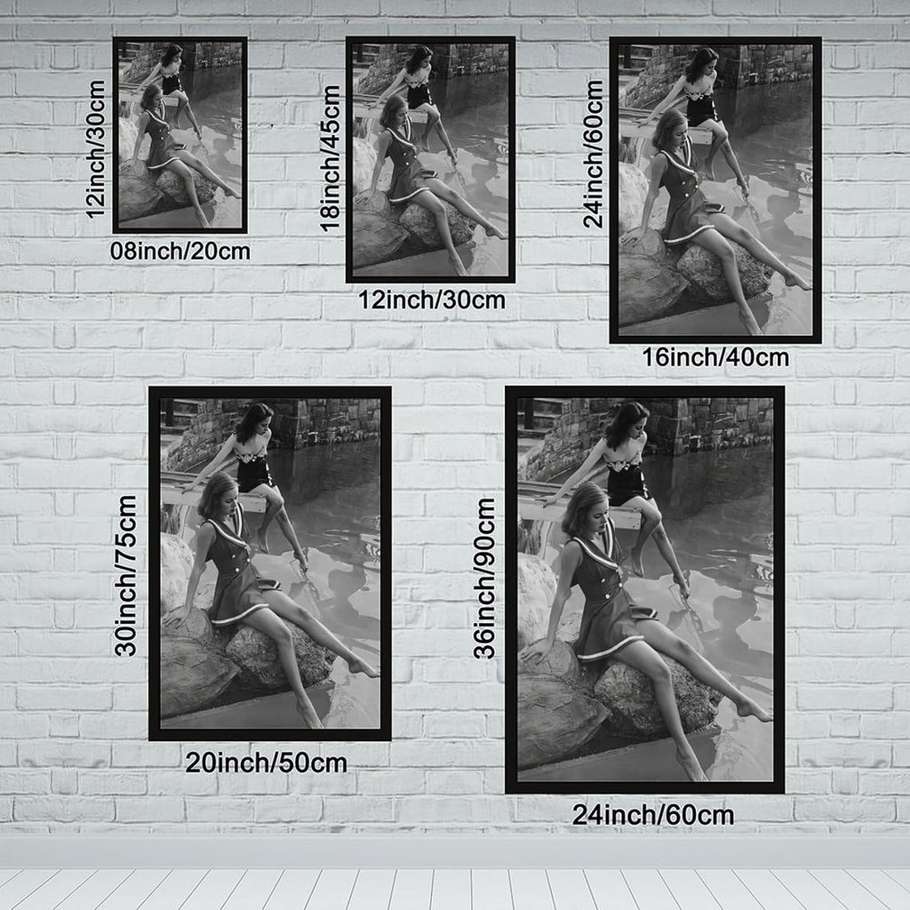 UXCBIA Young Woman, Paris, France, 1950s, Retro Women's Fashion Swimsuit, Black And White Poster Canvas Poster Bedroom Decor Sports Landscape Office Room Decor Gift Black Frame 24x36in(60x90cm)
