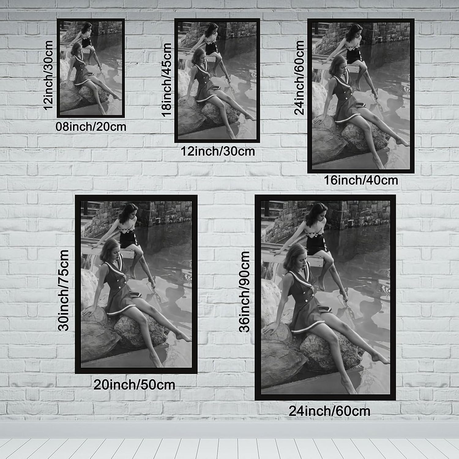 UXCBIA Young Woman, Paris, France, 1950s, Retro Women's Fashion Swimsuit, Black And White Poster Canvas Poster Bedroom Decor Sports Landscape Office Room Decor Gift Black Frame 24x36in(60x90cm)