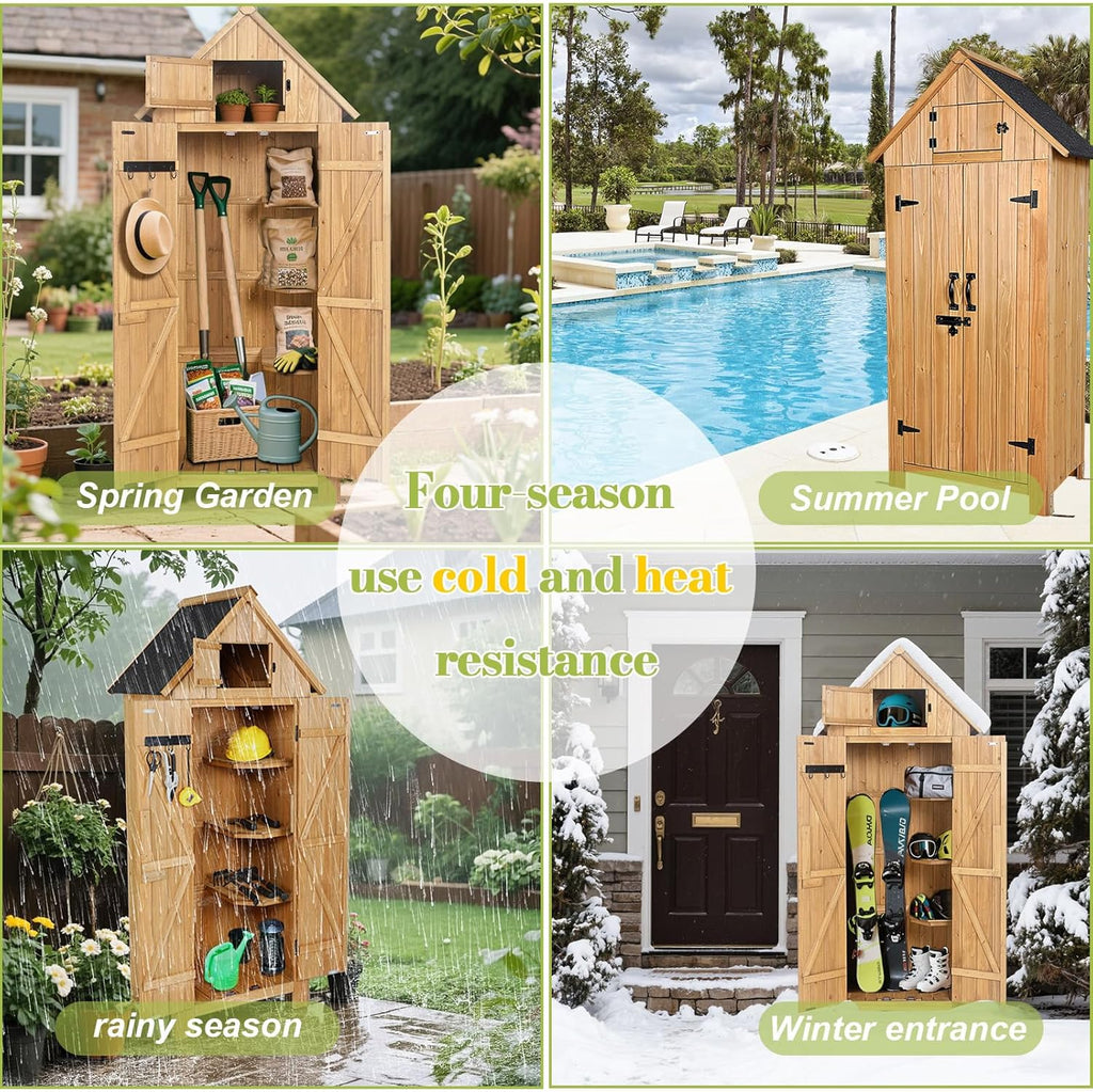 Wooden Outdoor Storage Shed with Double Doors,70' Tall Waterproof Storage Shed with Lock,Sheds & Outdoor Storage with Windproof Tipping for Deck,Backyard Garden and Yard