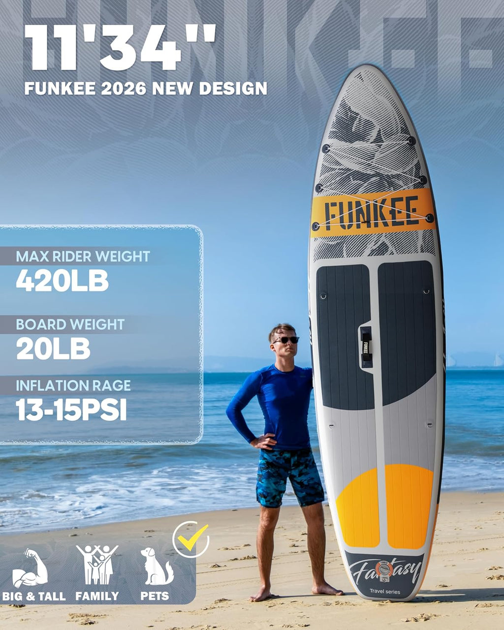 11'×34'×6' Extra Wide Inflatable Stand Up Paddle Board, Sup Board with Removable Fins, Backpack, Floating Paddle, Safety Leash, Floating Phone Case for Adults & Youth of All Skill Levels