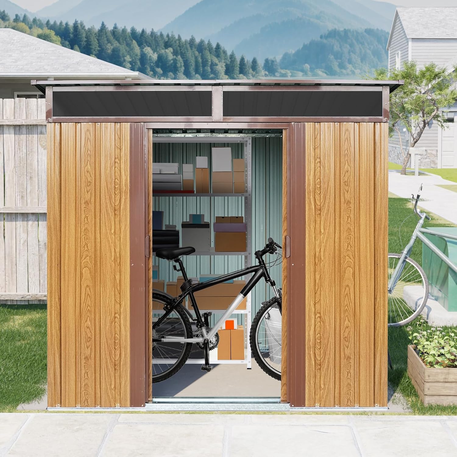 6x5 ft Outdoor Metal Storage Shed with Foundation Frame, Galvanized Steel Tool Shed with Lockable Sliding Door, Transparent Plate and Air Vent, Waterproof Garden Storage House for Backyard, Patio