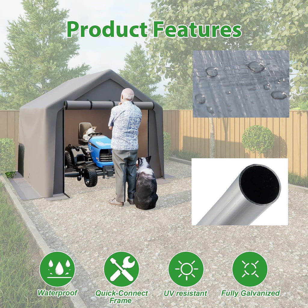 8x8 ft Portable Outdoor Storage Tent Shelter Shed, Heavy Duty Storage Tent with Roll-up Doors Shelter for Garden Tool, Lawn Mower, Motorcycleand, Bike - Gray