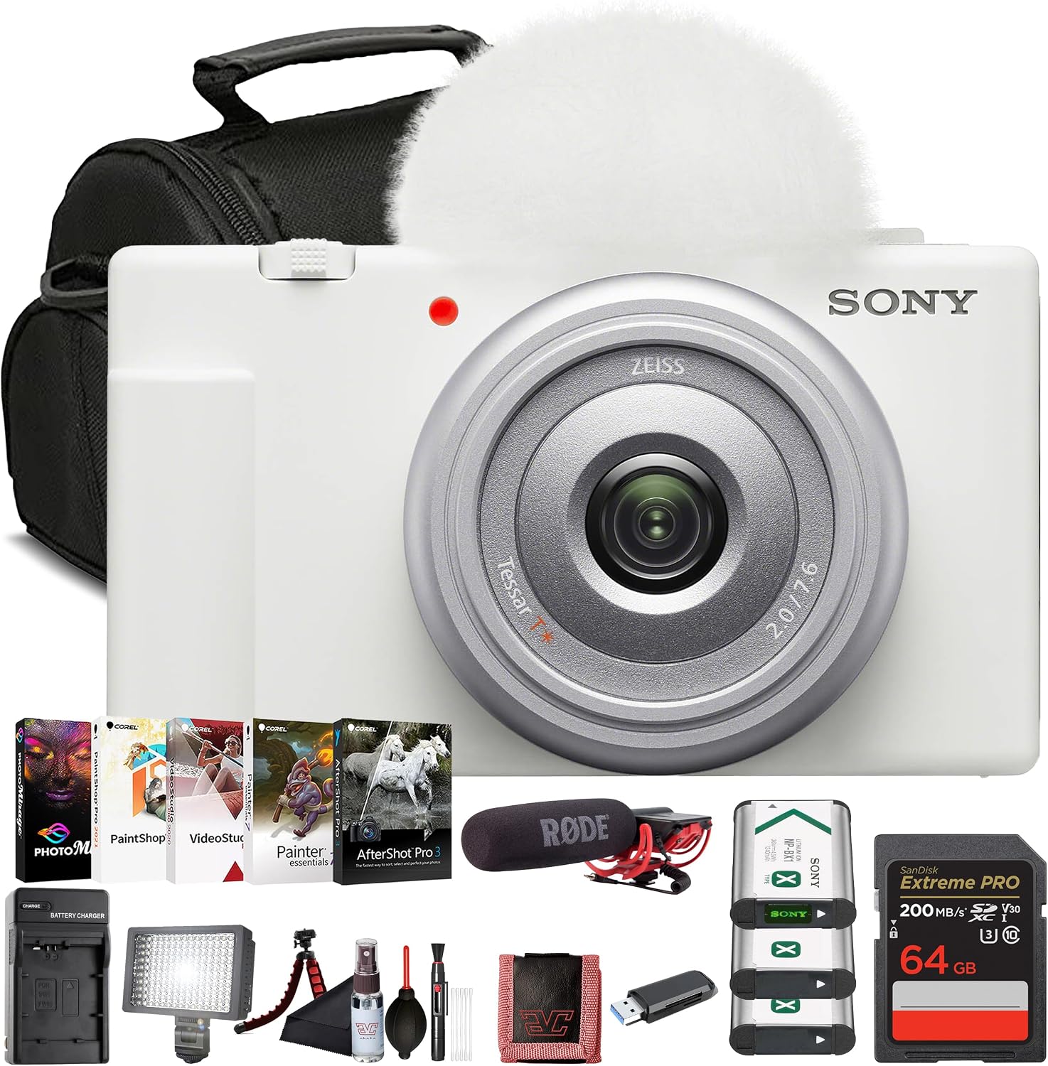 Sony ZV-1 Digital Vlogging Camera White (DCZV1/W) – 20.1 MP 1' Sensor, 24–70 mm ZEISS Lens, 4K HDR Video, Flip Screen w/Pro Mic, 64GB Memory Card, Photo Software, 2 x NP-BX1, Card Reader and More