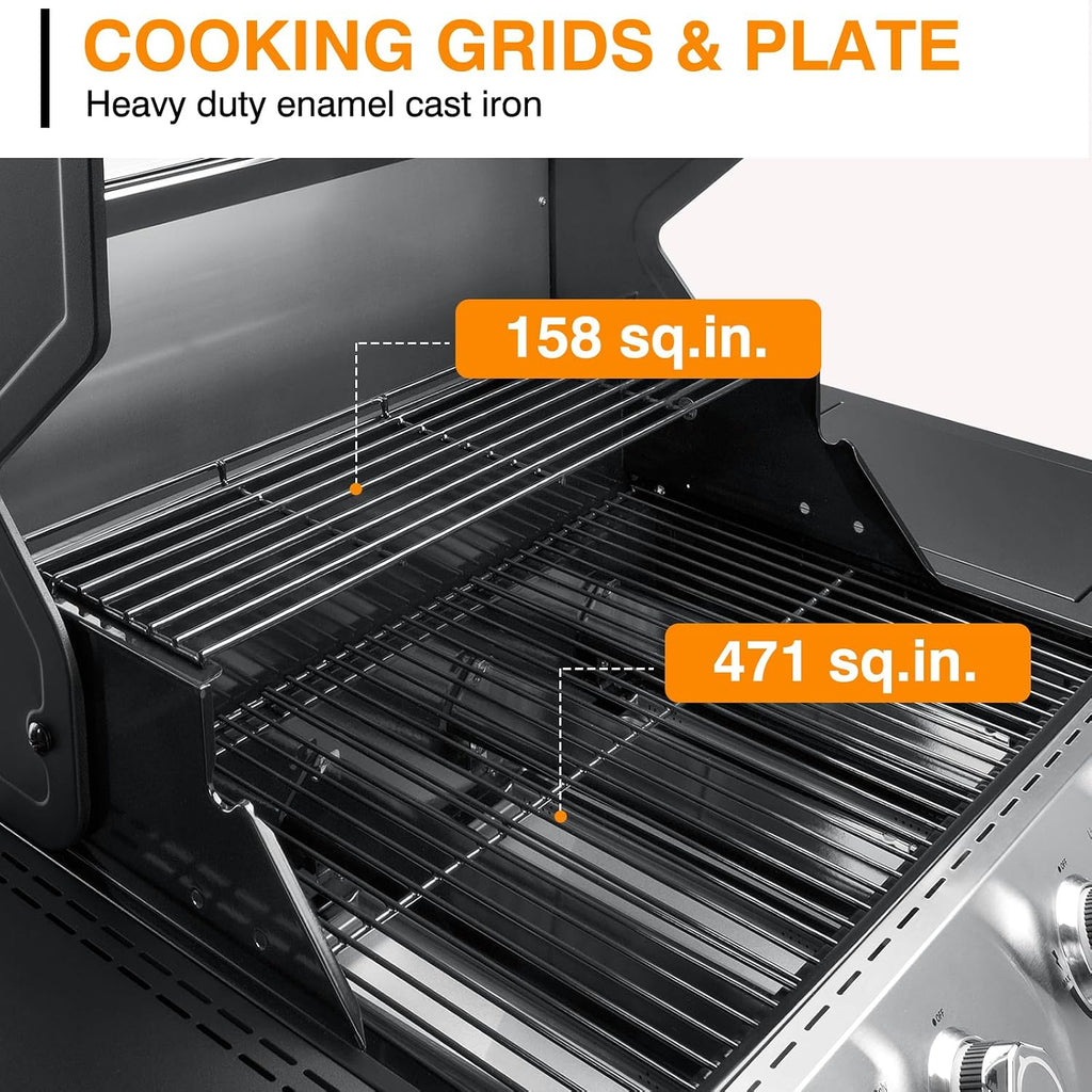 4 Led Burner Propane Gas Grill with Side Burner & & Visual Glass, Stainless Steel Gas Grill with Enameled Cast Iron Grates, 60,000 BTUs Output for Outdoor Cooking and Patio Backyard Barbecue