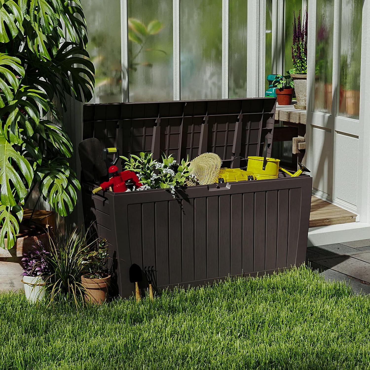 71 Gallon Resin Deck Box，Outdoor Storage Box, Waterproof Lockable Large Storage Bench for Patio Furniture, Pool Accessories & Garden Tools, Brown