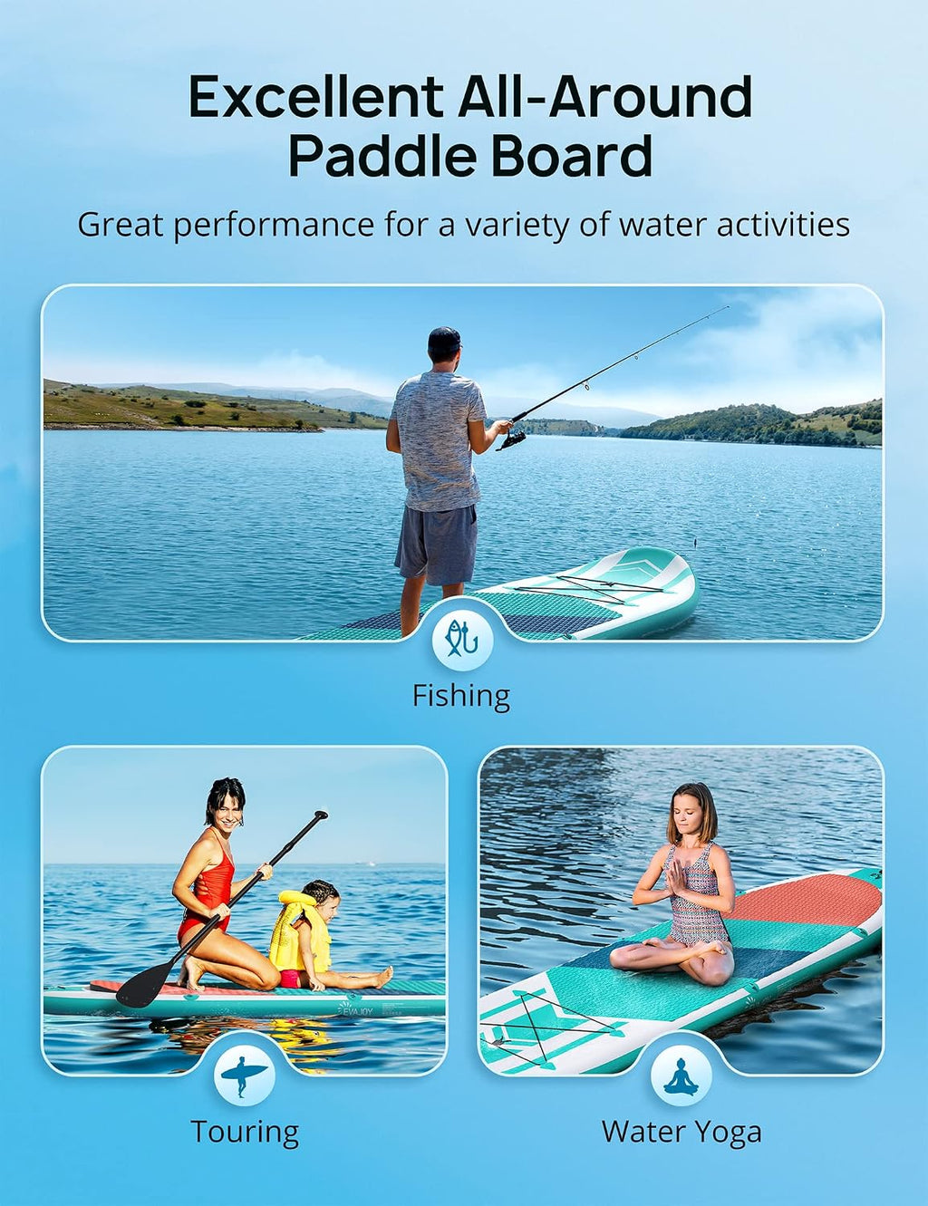 EVAJOY Inflatable Paddle Board 6'' Thick Around Stand Up Paddle Board with Portable iSUP Accessories & Waterproof Bag, Portable Hand Pump for Racing Touring Fishing , Safety Leash, Main Fin