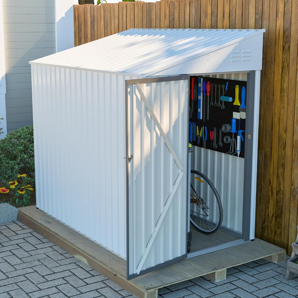 YOPTO 4x7 FT Outdoor Storage Shed,Lean to Lockable Metal Garden Shed Steel with Reinforced Beams,All Weather Waterproof Storage House W/Lockable Door&2 Air Vents,for Backyard,Patio,Lawn,Garden,White