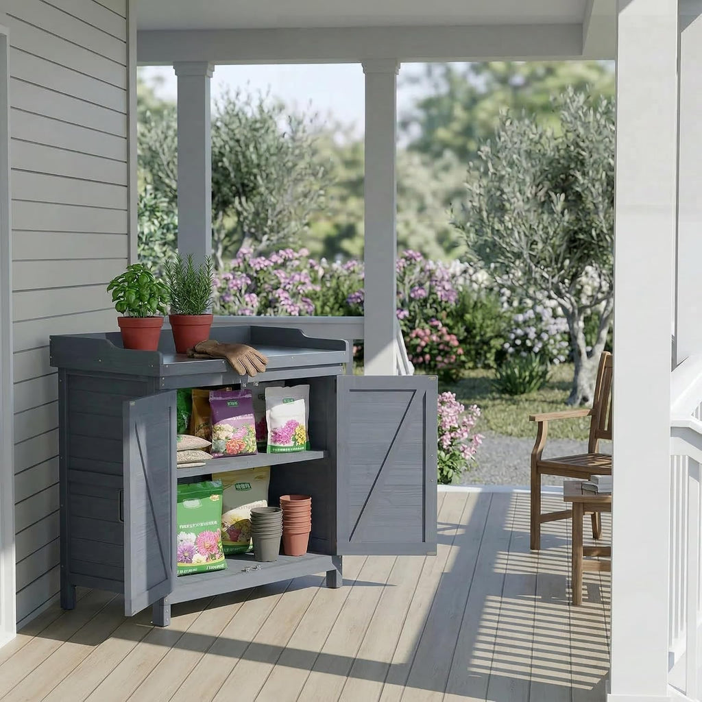 Outdoor Garden Patio Wooden Storage Cabinet Furniture Waterproof Tool Shed with Potting Benches Outdoor Work Station Table (Gray)