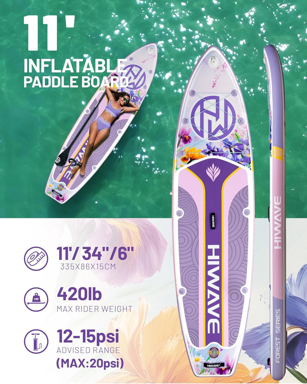 Hiwave Inflatable Paddle Board 11 '* 34 '* 6' Extra Wide Sup Board, 420lb Capacity Paddle Board for Adults, Suitable for Sea and Lakes, 2+1Family Board