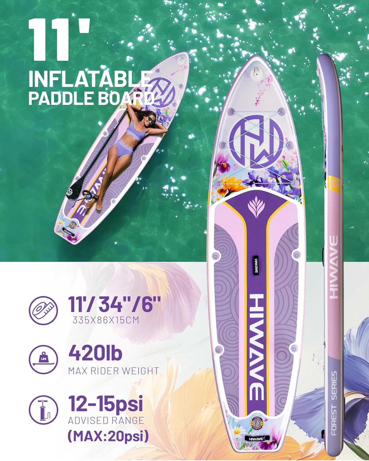 Hiwave Inflatable Paddle Board 11 '* 34 '* 6' Extra Wide Sup Board, 420lb Capacity Paddle Board for Adults, Suitable for Sea and Lakes, 2+1Family Board