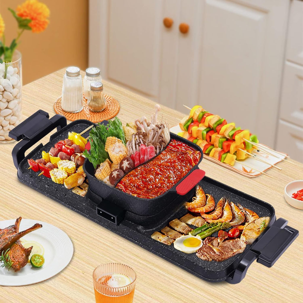 2 In 1 Barbecue Hot Pot, 110V Indoor Korean BBQ Hot Pot with Grill, Non-Stick Dual Temperature Control Shabu Shabu,Electric Shabupot Non Smoke Stove Portable for 2-10 People