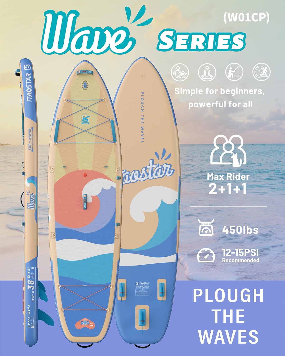 iTAOSTAR Billow 11'6'×36' Extra Wide Paddle Board with Seat, One-Stop Premium SUP Board Accessories, Tailored Fins, Stable Inflatable Stand Up Paddle Boards for Youth/Adults of All Skill Levels