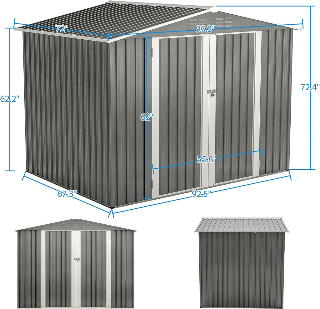 6x8 FT Outdoor Storage Shed, Metal Garden Shed with Frame Floor, Outside Tool Shed with Lockable Hinged Doors, Waterproof Storage Building with Sloped Roof for Backyard, Patio, Lawn, Gray