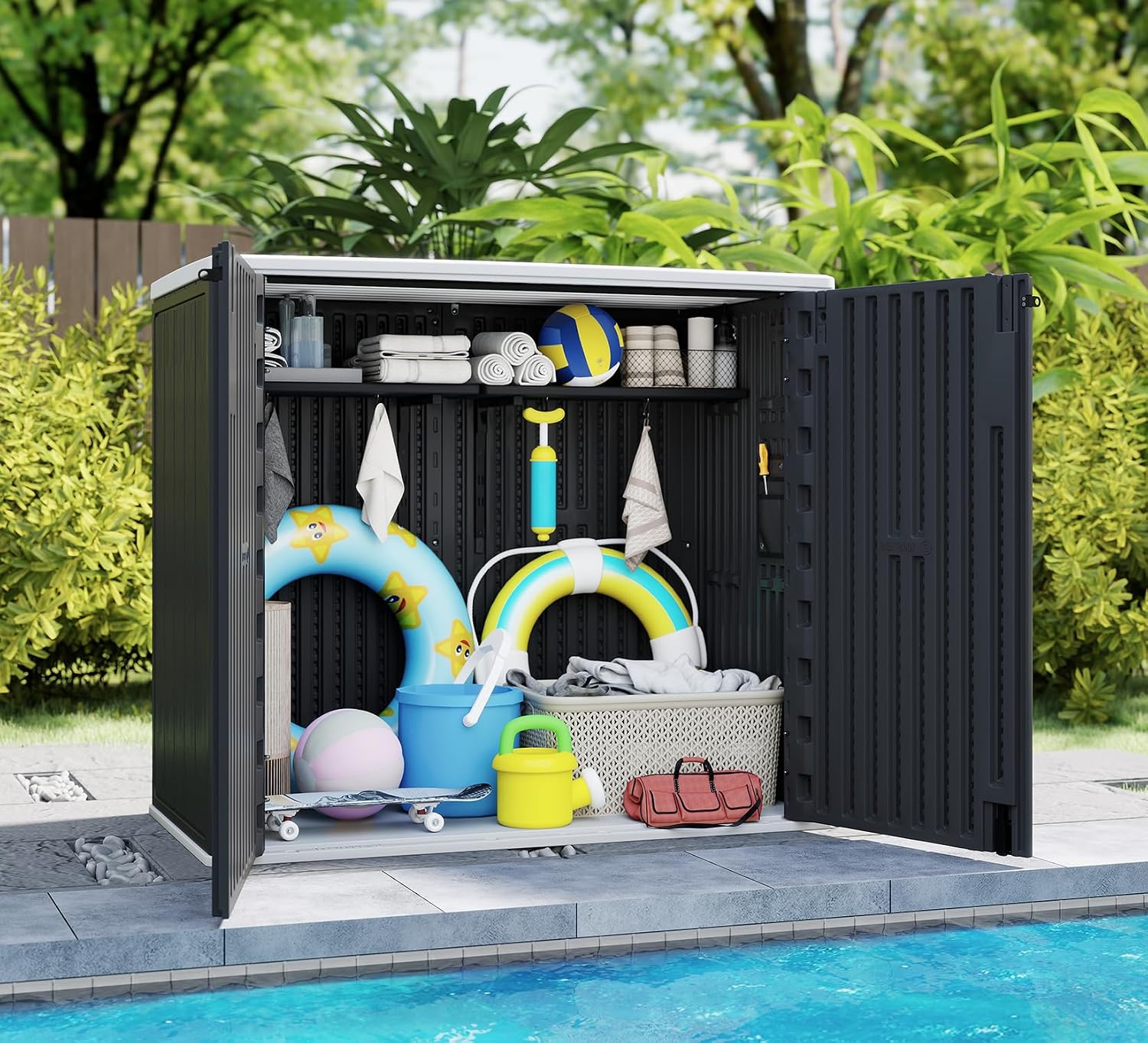 ZZM 37 Cu.ft Outdoor Storage Shed with Floor HDPE Double-Wall Resin Sheds Outdoor Storage, Lockable Weatherproof Storage Cabinet Fit for Garden Tools, Garage can, Bike, Patio Furniture, Black