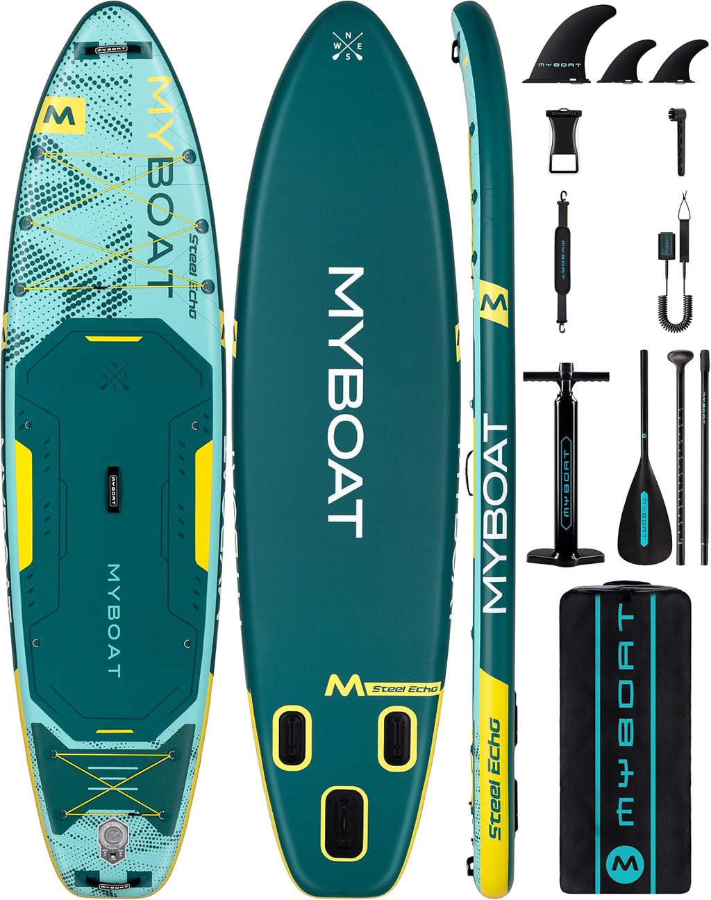 MYBOAT 11'6' Extra Wide Inflatable Paddle Board, 450LB Max Capacity Stable SUP for 2-3 People, Non-Slip Stand Up Board for Beginners & Fishing, Versatile 15 D-Rings, Dual Bungee, 3-Fin Stability