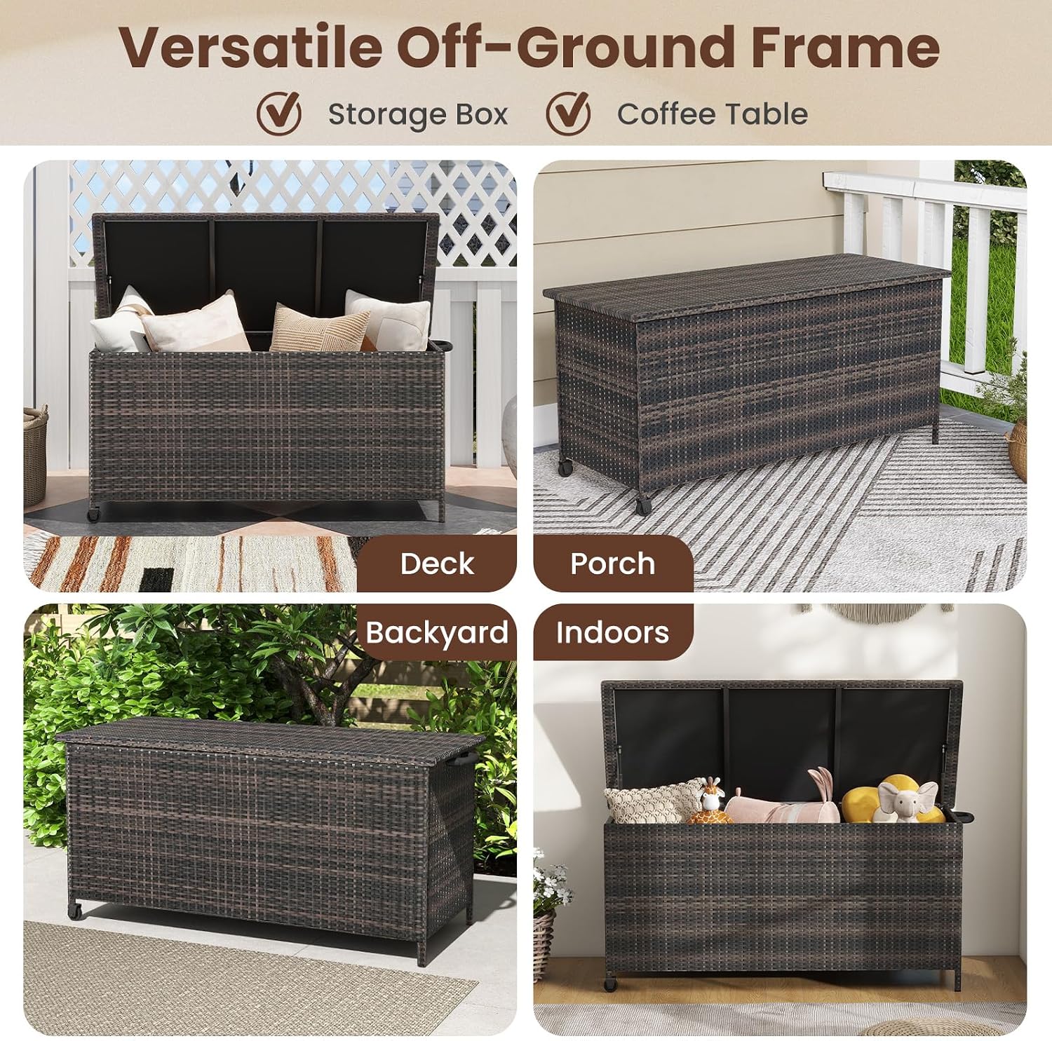 Tangkula Rattan Deck Box, 85 Gallon Storage Container with Waterproof Liner, Wheels & Gas Strut, Indoor Outdoor Wicker Storage Cabinet, Storage Furniture for Pillows, Cushions (Brown)