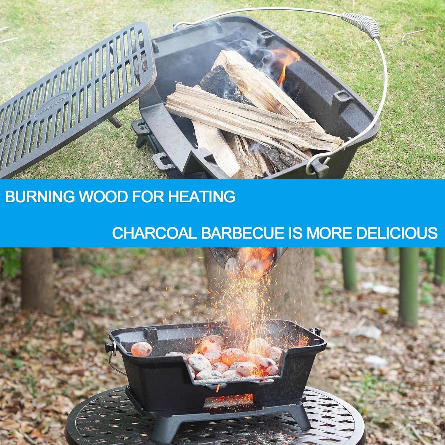 IRONMAX Large Hibachi Grill Outdoor, Portable Charcoal Grill and Tabletop Cast Iron Skillet, 100% Cast Iron, Durable, Camping Grill Grate 16.5' x 10.2' - Coal Door, Draft door