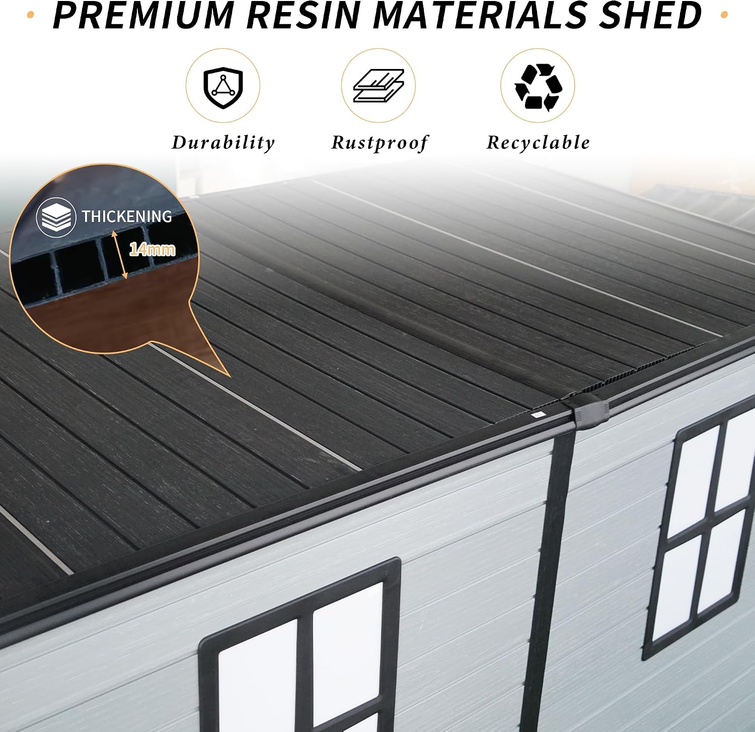 4x8ft Resin Lean to Shed with Floor, Outdoor Storage Shed with 2 Windows, Plastic Shed & Outdoor Storage Clearance for Patio Furniture, Garden Tools Bike Accessories, Beach Chairs, Black+Grey