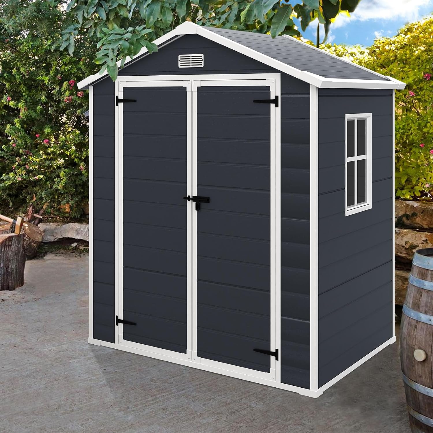 YOFE Outdoor Storage Shed 6x4.4FT, Resin Shed Plastic with Floor for Garden Tool,Waterproof Outdoor Resin Storage,Lockable Doors for Patio,Yard,Lawn (Darkgray 6x4)