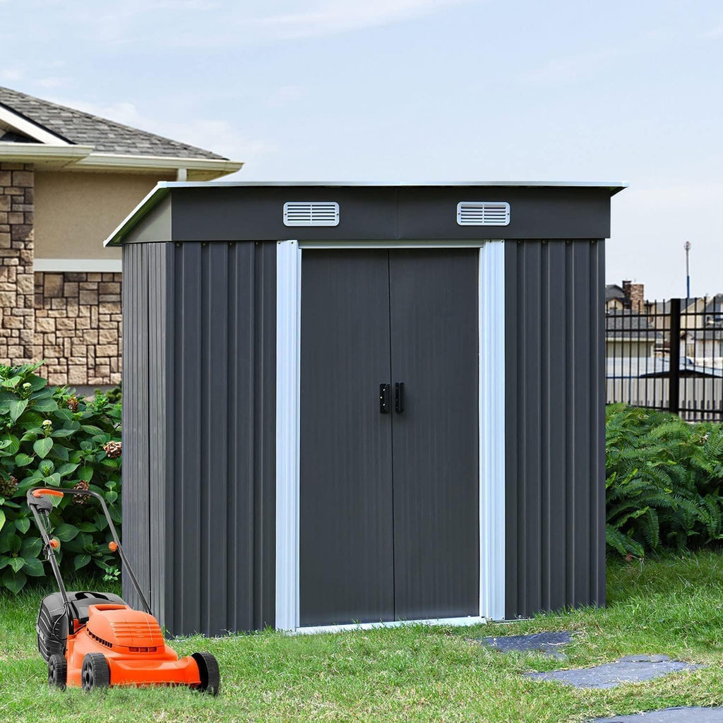 4ever2buy 6 x 4FT Outdoor Storage Shed with Sliding Door, Metal Garden Storage Shed for Bike, Small Tool Flat Shed for Backyard, Patio, Lawn