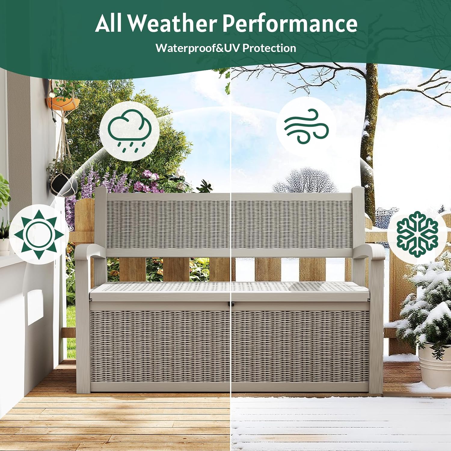 Skepphlay 70 Gallon Storage Bench Deck Box,Patio Storage Benches with Armrest, Lockable Bench Outside, Waterproof for Pool Patio Garden (Grey)