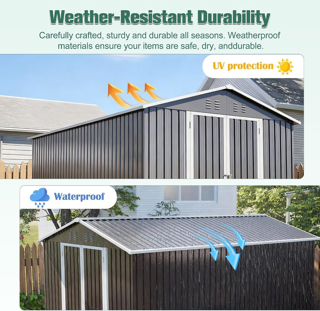 YOPTO 8x12 FT Large Outdoor Storage Shed with Lockable Doors & Floor Base,Weather-Resistant Metal Tool Shed for Garden, Backyard,Patio,Lawn,Gray