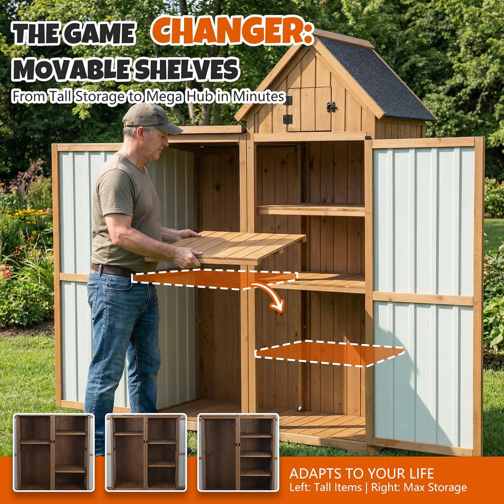 All-in-One Metal & Wood Outdoor Storage Cabinet with Top Compartment, Waterproof Asphalt Roof, Removable Shelves, Heavy-Duty Patio Garage Organizer