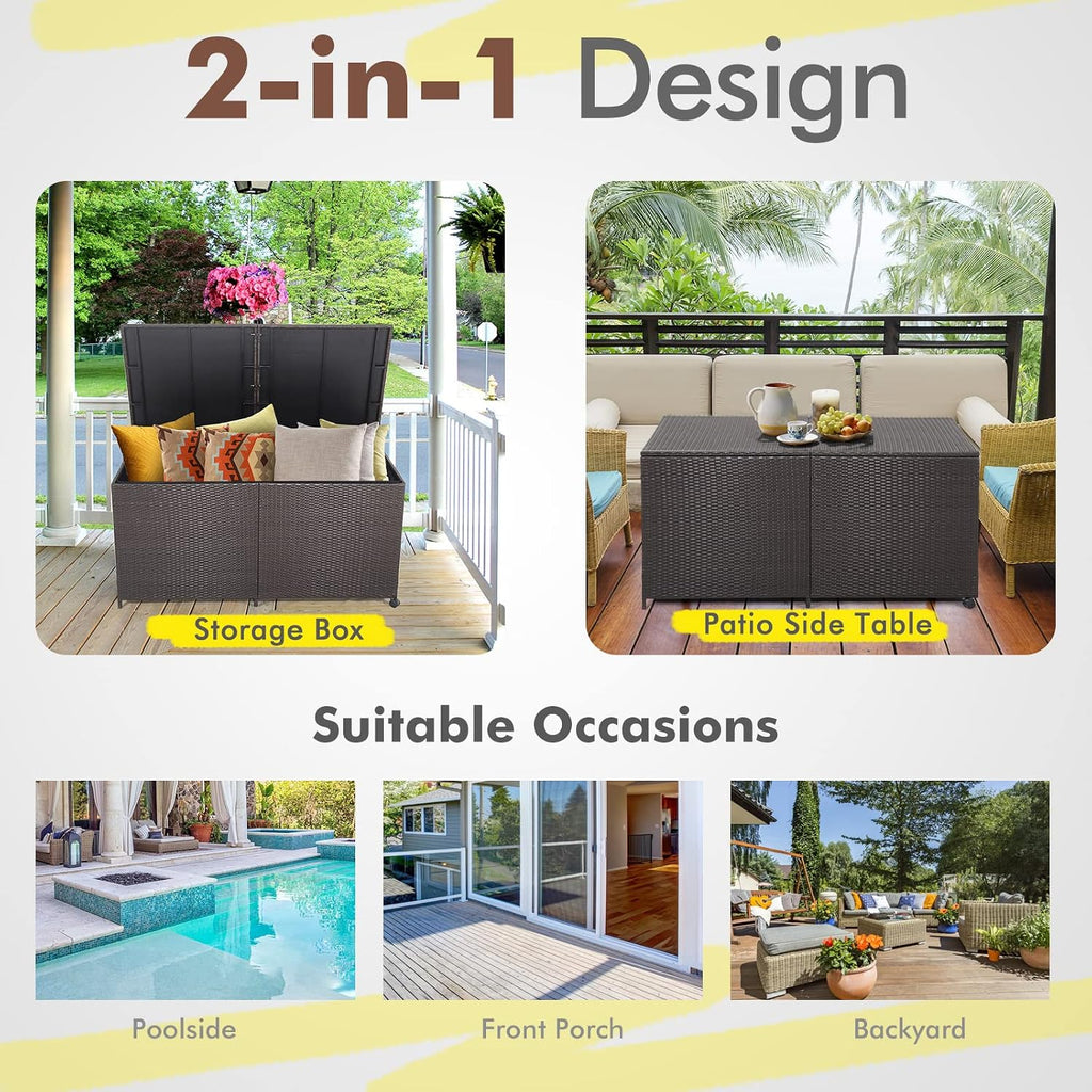 RELAX4LIFE 175-Gallon Outdoor Storage Box, Wicker Rattan Outside Storage Container Bin with Zippered Liner, 2 Universal Wheels, Gas Strut, Patio Deck Box for Backyard, Front Porch