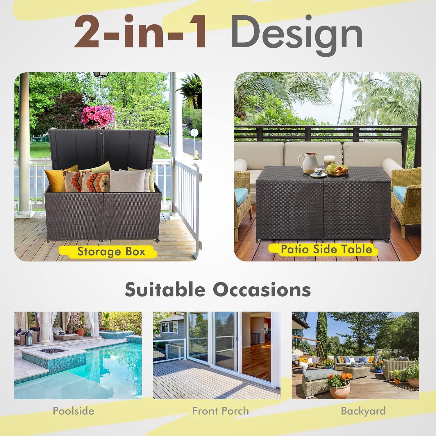 RELAX4LIFE 175-Gallon Outdoor Storage Box, Wicker Rattan Outside Storage Container Bin with Zippered Liner, 2 Universal Wheels, Gas Strut, Patio Deck Box for Backyard, Front Porch
