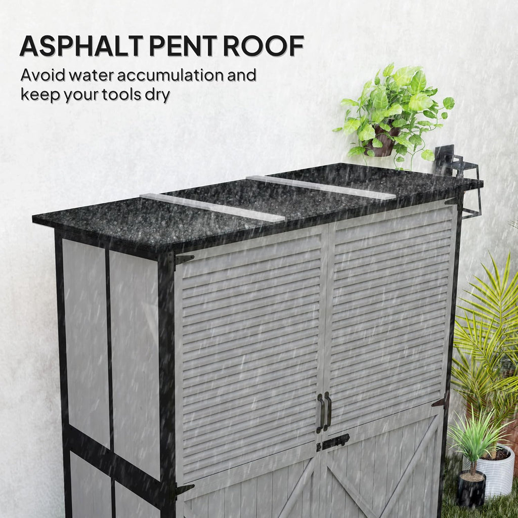 Outsunny Outdoor Storage Cabinet, Wood Garden Tool Shed with Lock, Steel Frame and Asphalt Roof, Garden Storage Shed with Adjustable Shelves and Feet for Patio Backyard Lawn, Gray