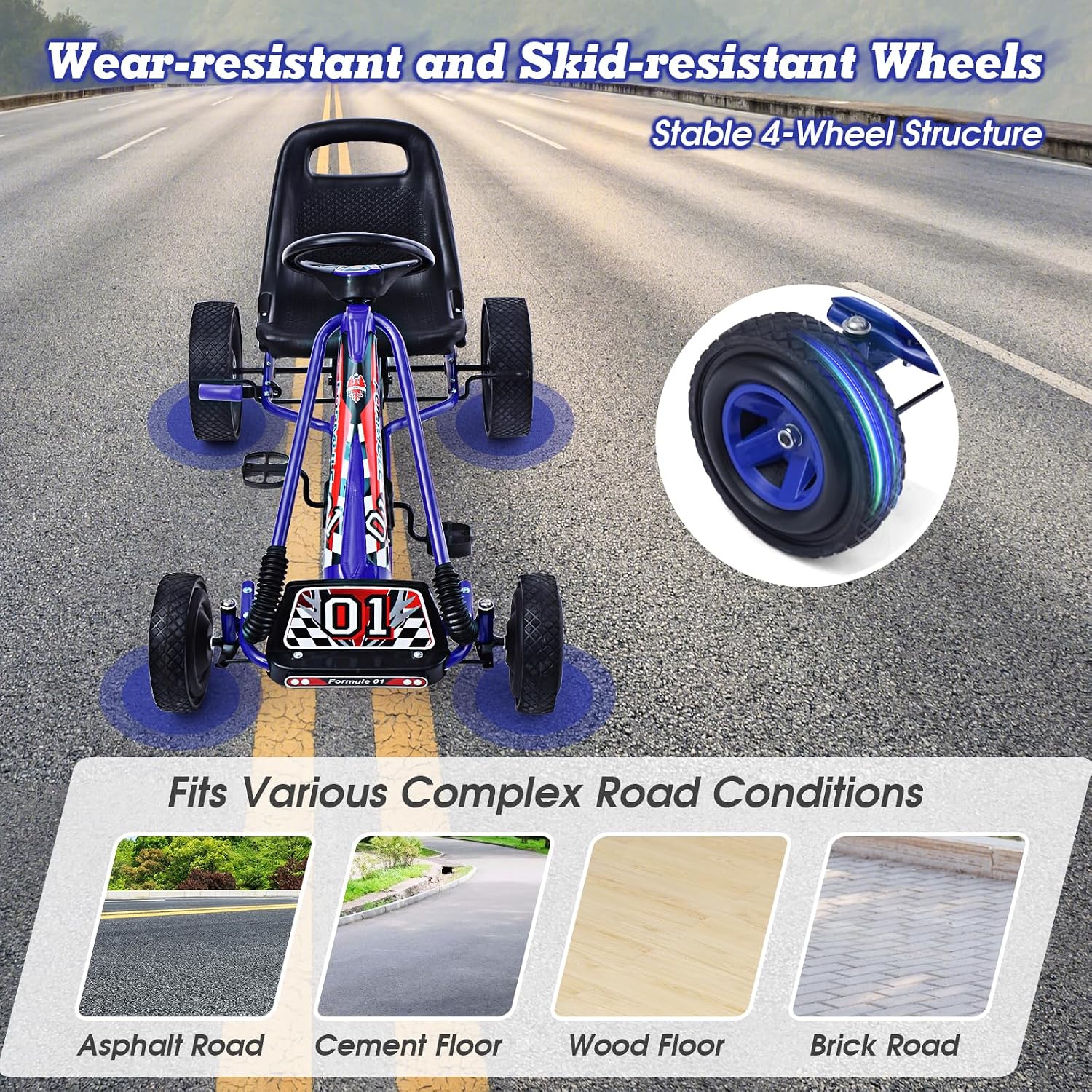HONEY JOY Go Kart for Kids, 4 Wheel Quad Off-Road Pedal On Foot Go Cart w/Steering Wheels & Adjustable Seat, 2 Safety Brakes, EVA Tires, Clutch, Outdoor Racer Ride On Pedal Car (Blue)