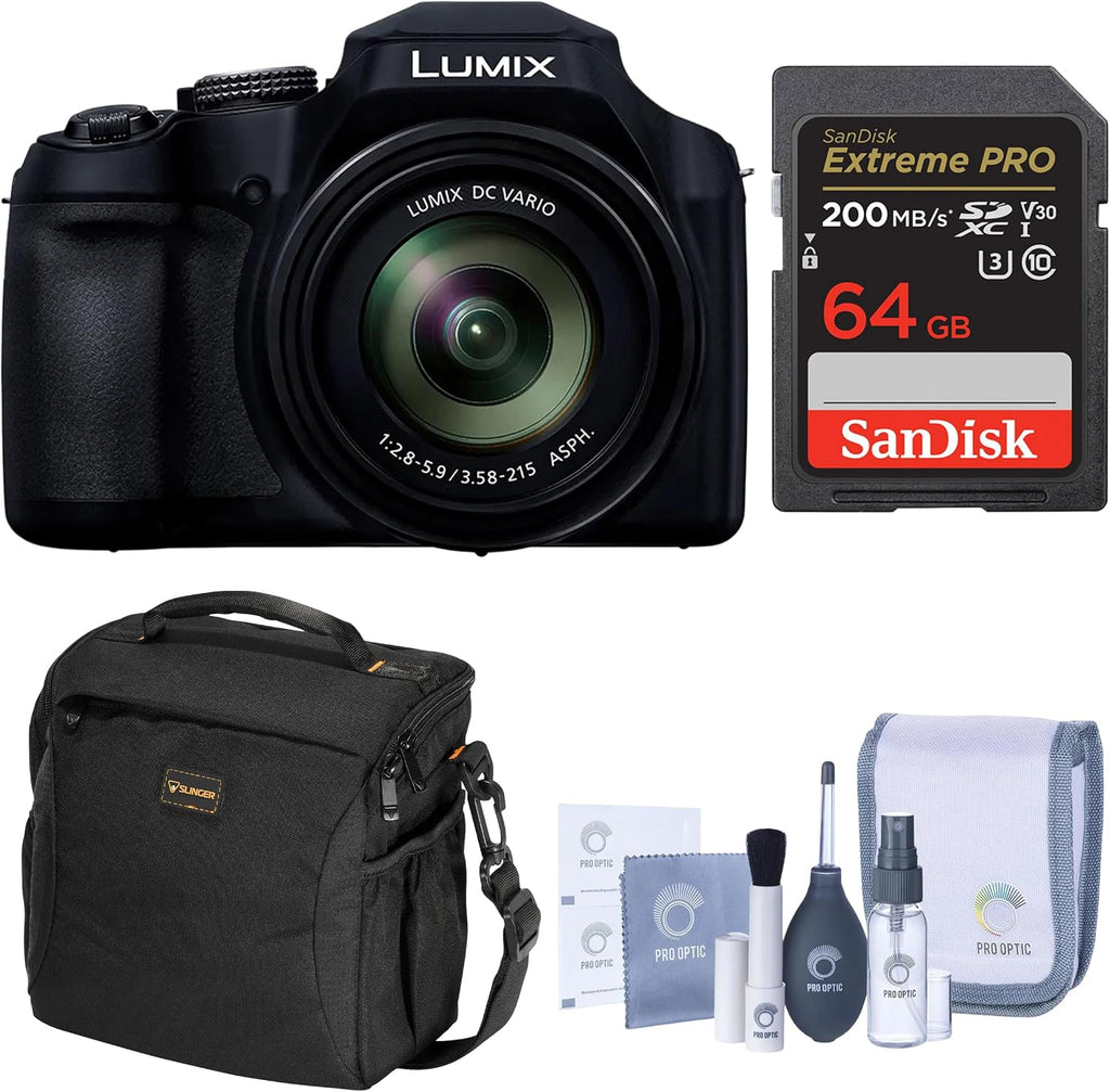 Panasonic LUMIX FZ80D Point & Shoot Digital Camera, 18.1MP, 4K Photo/Video, 60x Zoom (20-1200mm) Lens, Power O.I.S., Bundle w/ 64GB Card, Shoulder Bag, Cleaning Kit, Panasonic 1-Year Warranty