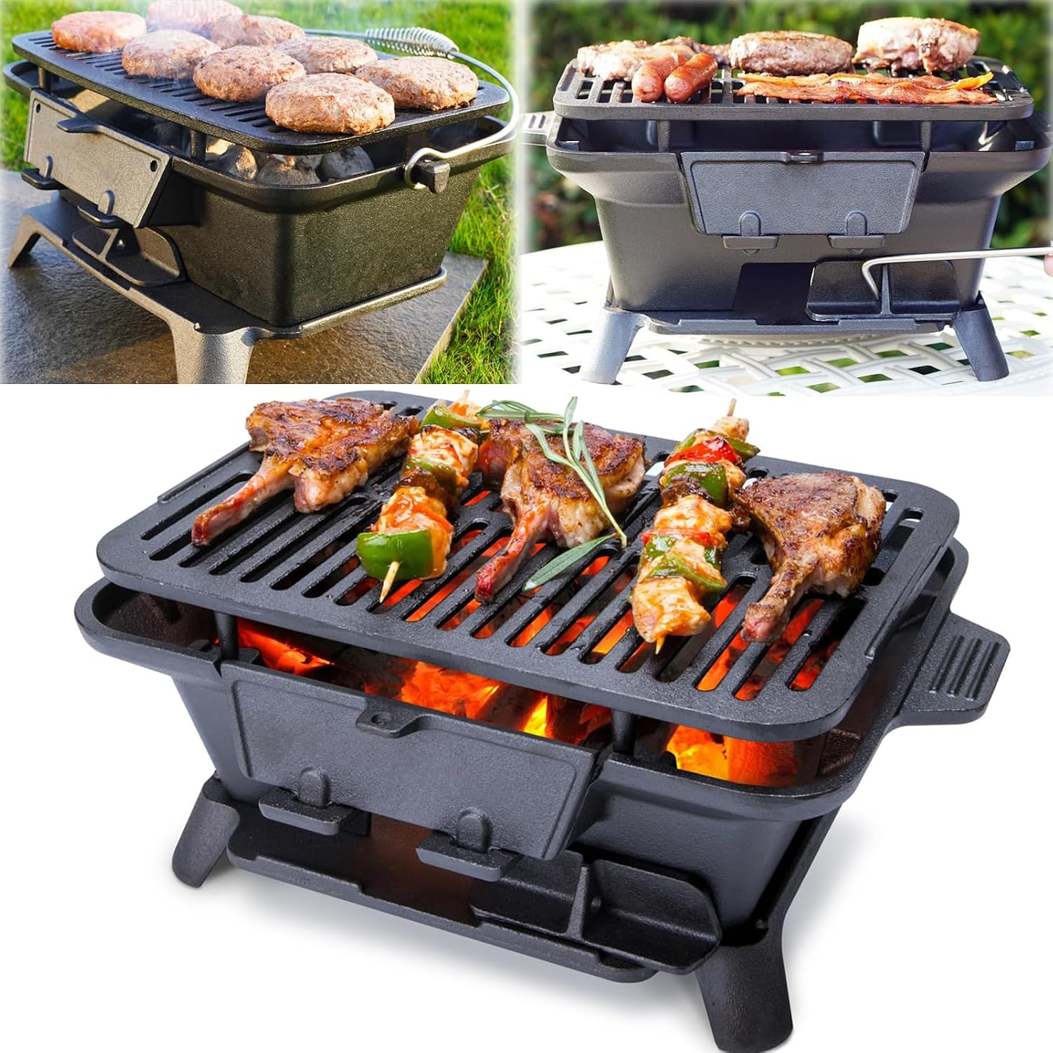 2025 Upgrade portable cast grill, hibachi grill outdoor, Cast Iron Hibachi Grill, hibachi 100% Cast Iron with Double-Sided Grate, Small Charcoal, Camping Stove (2, No handle)