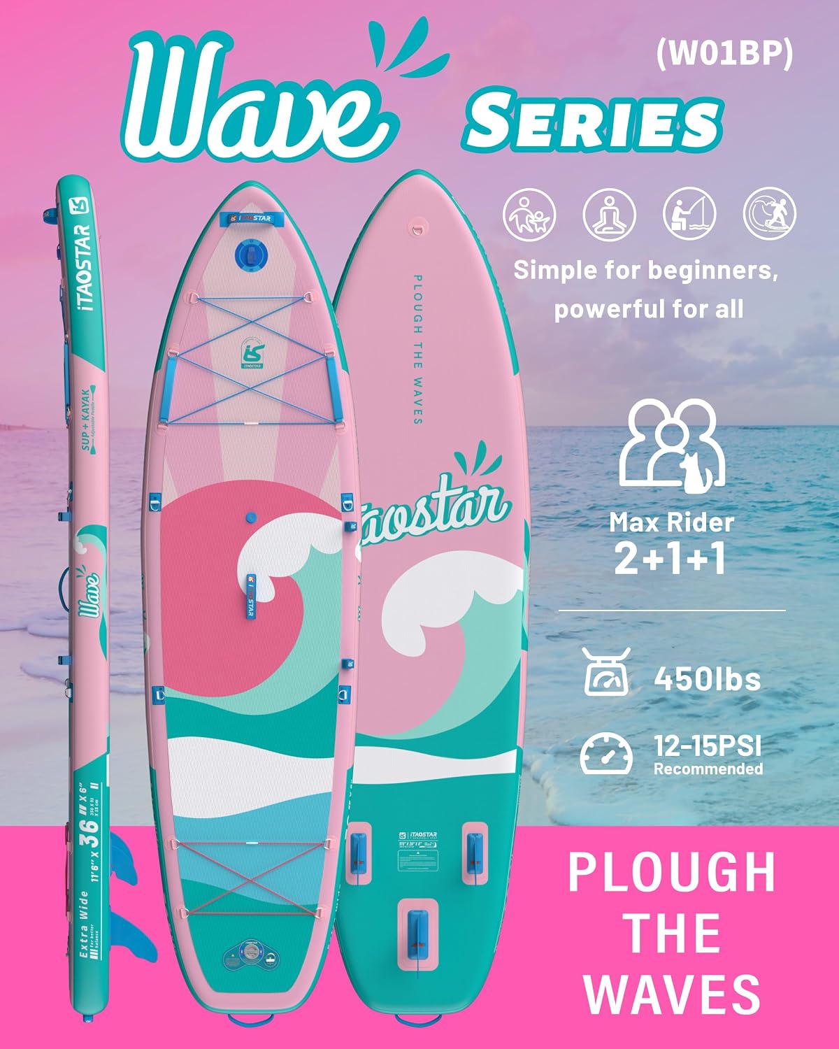 iTAOSTAR Billow 11'6'×36' Extra Wide Paddle Board with Seat, One-Stop Premium SUP Board Accessories, Tailored Fins, Stable Inflatable Stand Up Paddle Boards for Youth/Adults of All Skill Levels