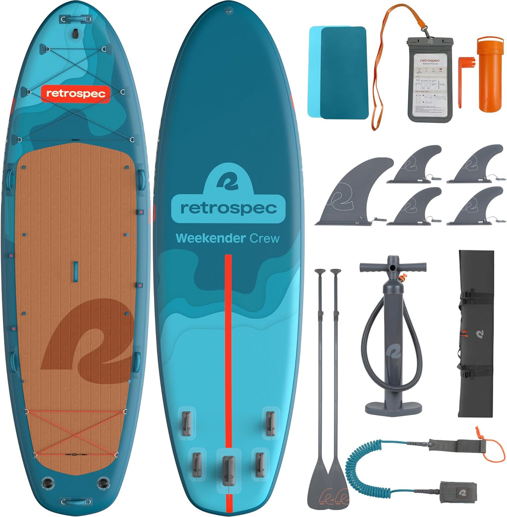 Retrospec Weekender Crew Inflatable Paddle Board - 12ft & 15ft XL Multi-Person iSUP with 400 & 1050lb Capacity & No-Slip Deck - Includes 2 Paddles & Accessories