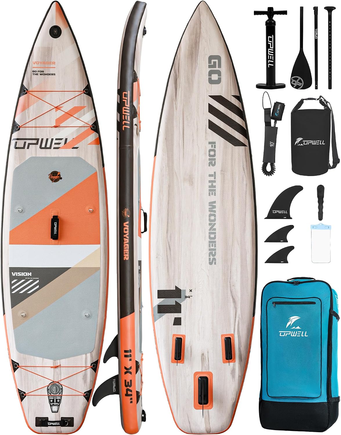 UPWELL 11'6'/11'2'/11'/10'8'/10'6'/10'2' Inflatable Stand Up Paddle Board with sup Accessories Including Backpack, Repairing Kits, Non-Slip Deck, Leash, 3 Fins, Paddle and Hand Pump