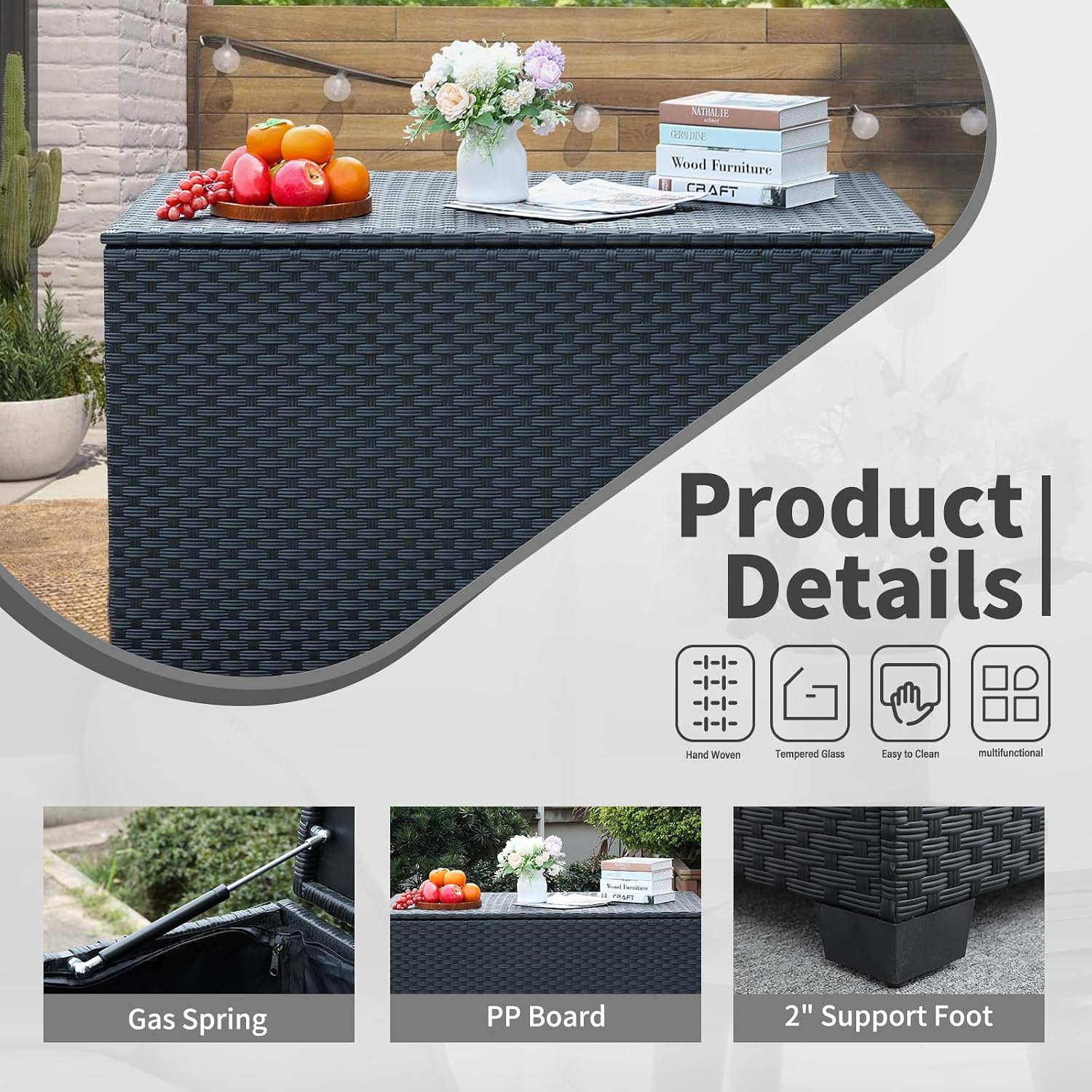 Rattan Star 140 Gallon Patio Storage Bin Wicker Outdoor Storage Box Waterproof Lining Bag Large Deck Box and Cushion Storage Bin Outdoor, Black Wicker