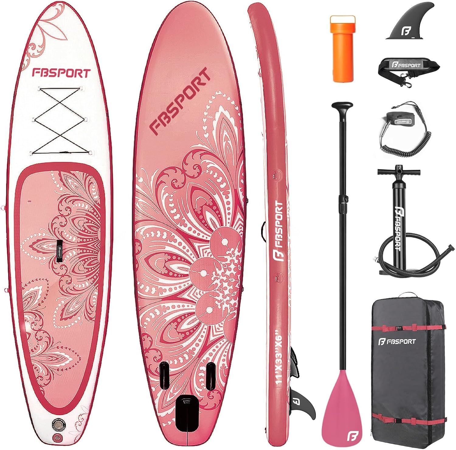 FBSPORT 11' Premium Stand Up Paddle Board, Yoga Board with SUP Accessories & Carry Bag | Wide Stance, Surf Control, Non-Slip Deck, Leash, Paddle and Pump for Youth & Adult