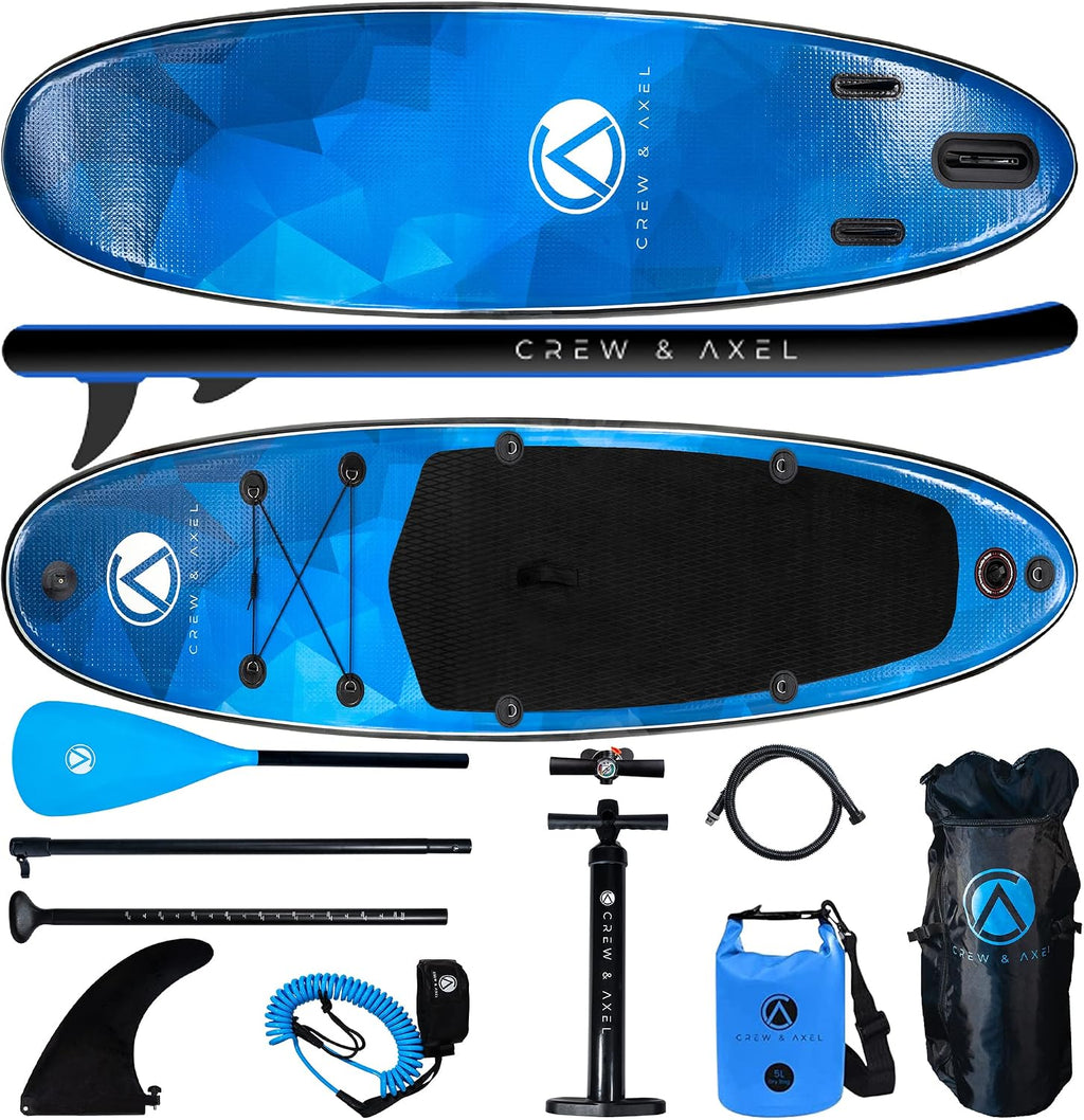 Crew Axel Inflatable Paddle Board 10'33'6' Extra Wide & Lightweight (18lb) Paddle Board – Premium SUP Set Includes 2 Bags, Floating Paddle, Camera Mount, 3 Fins, Dual Pump Kit