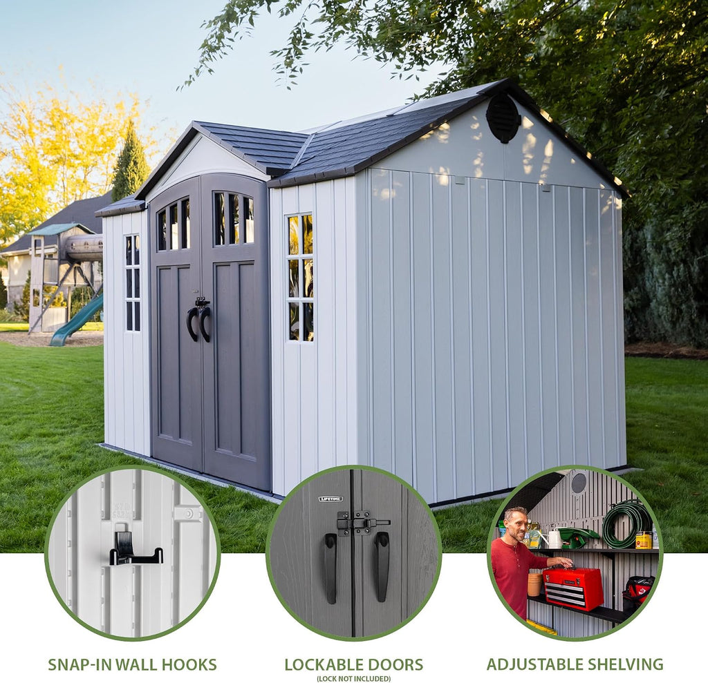 Lifetime Dual Entry Outdoor Storage Shed, 10x8 Ft, Gray, Resin Tool Shed with Double Doors
