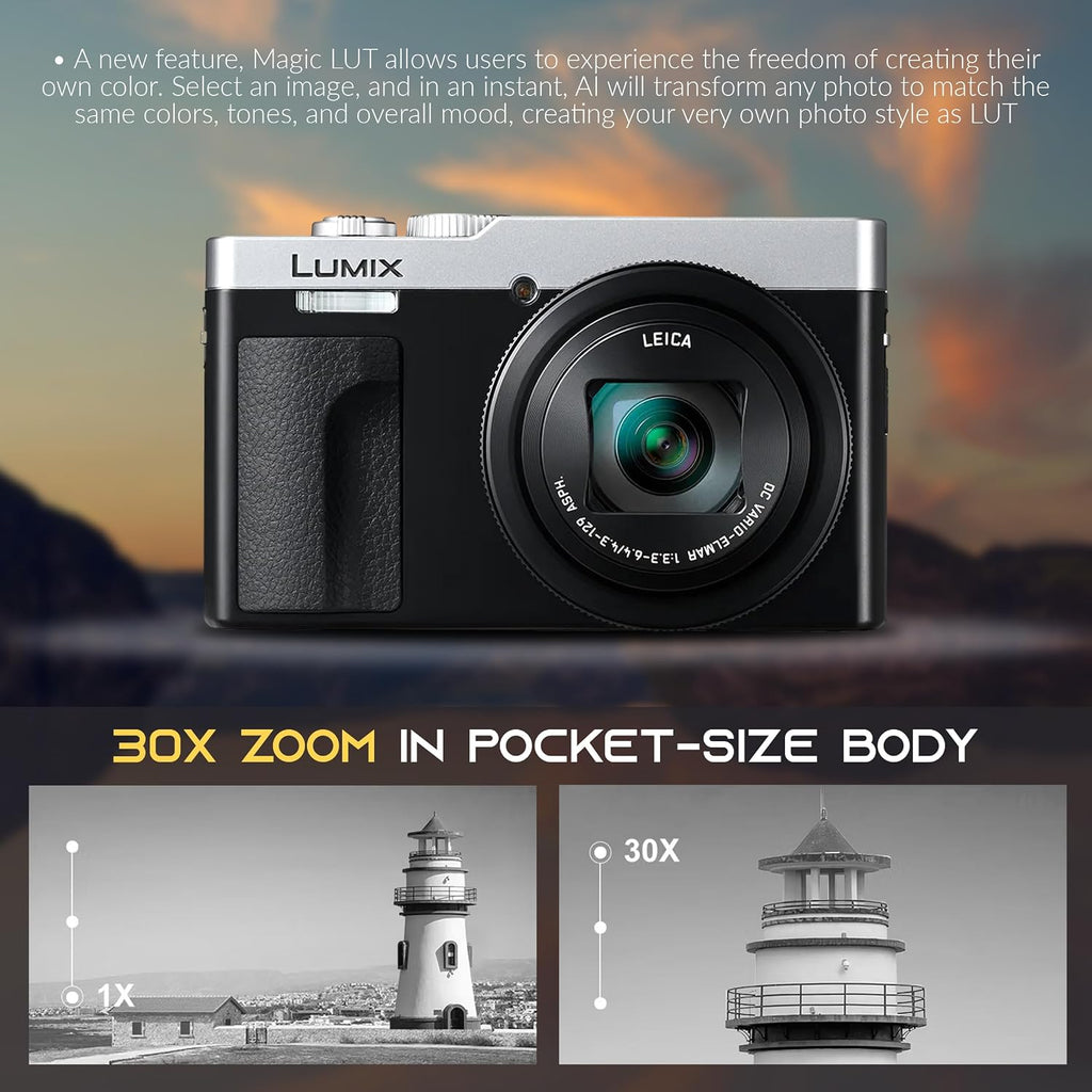 Panasonic LUMIX ZS99 Black Compact Point and Shoot Digital Camera (DC-ZS99K) Bundle with - 128GB SD Card, Shoulder Ba, Extra Battery, Tripod, Photo Video Software, Care Kit (Silver)