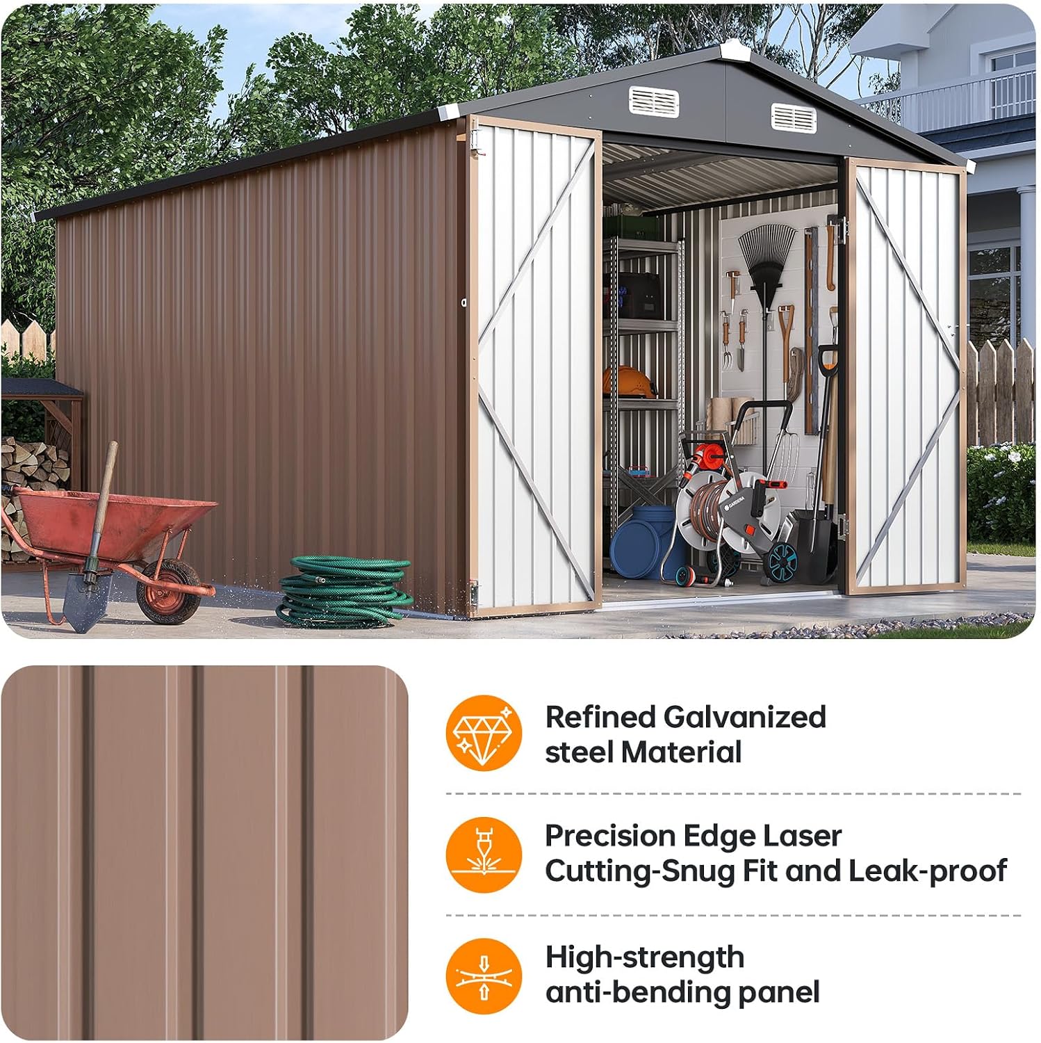 8x12FT Outdoor Storage Shed, Metal Garden Shed with Lockable Double Doors & Sloping Roof, Weather-Resistant Tool Shed for Backyard, Patio, Poolside Brown