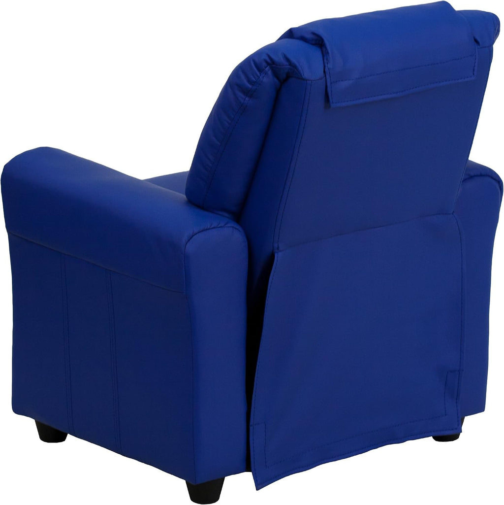 Flash Furniture Vana Vinyl Kids Recliner with Cup Holder, Headrest, and Safety Recline, Contemporary Reclining Chair for Kids, Supports up to 90 lbs., Blue