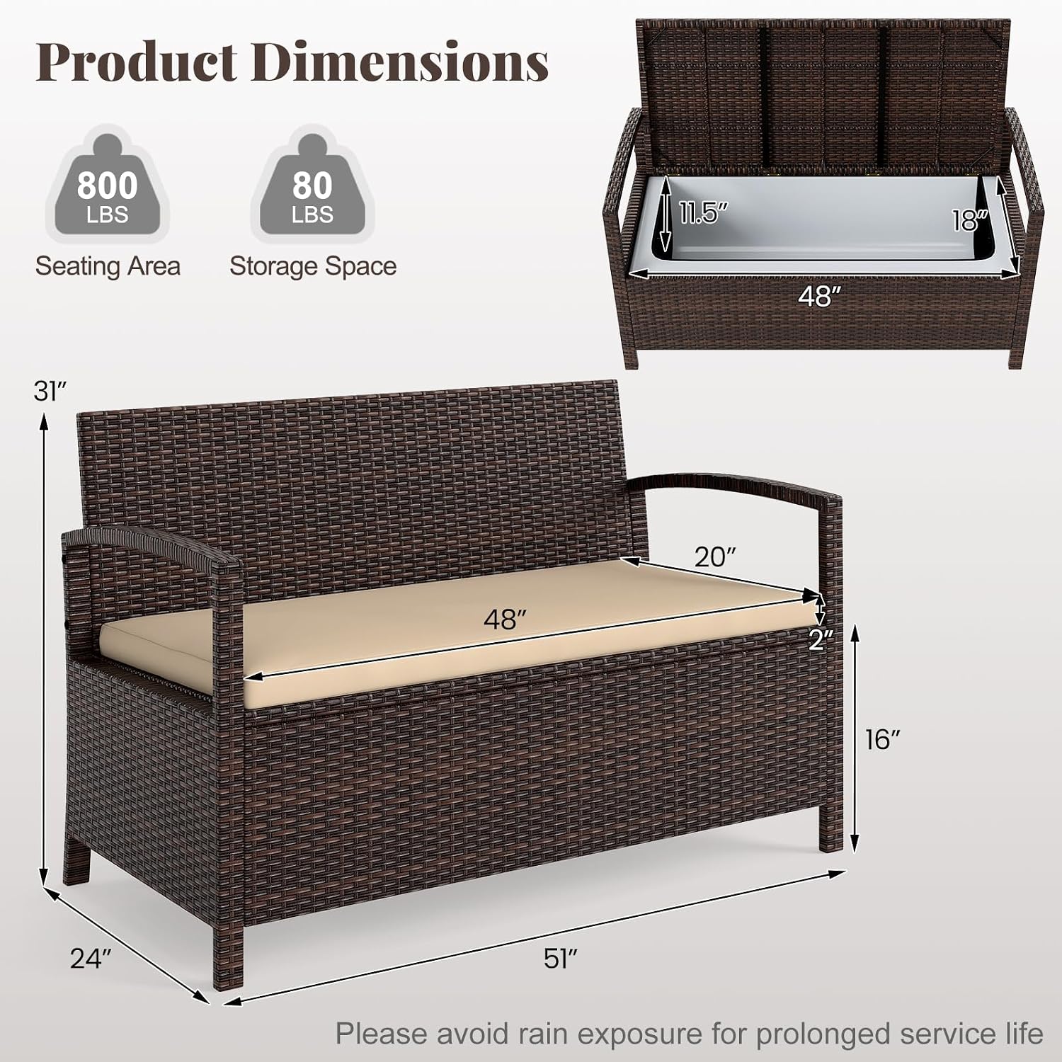 Tangkula 42 Gallon Outdoor Bench with Storage, Outdoor PE Rattan Storage Bench with Cushion, Backrest & Acacia Wood Armrests, Metal Frame, Waterproof Deck Box Seat for Porch Backyard Poolside