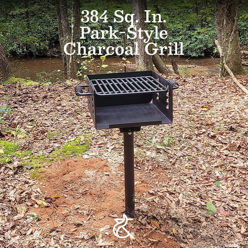 Ash & Ember 384 Sq. In Park-Style Charcoal Grill, Single Post Barbeque Grill with Bolt-Down Base, Adjustable Grate Height with Spring Handles, Outdoor Camping & Backyard BBQ Cookout