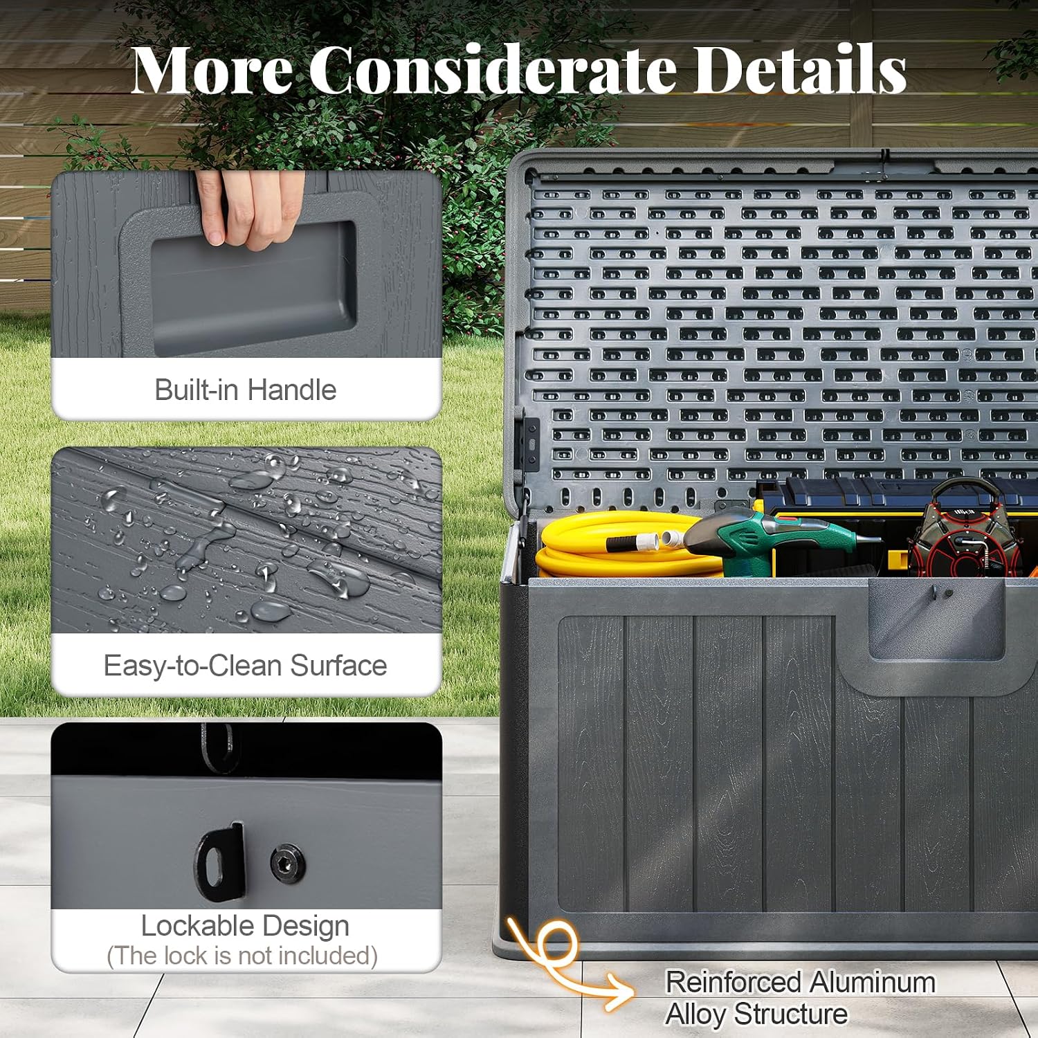 HAPPYGRILL Outdoor Storage Deck Box with Lockable Design & Gas Strut, Handle, 100 Gallon HDPE Patio Storage Organizer for Lawn Backyard Poolside (Gray)