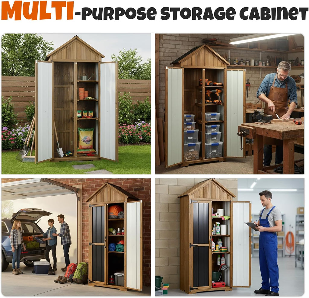 Outdoor Storage Cabinet with Shelves, Wood & Metal Storage Shed with Weatherproof Roof, 3 Removable Shelves, Double Lockable Doors, Adjustable Feet, Outside Storage Cabinet for Garage,Backyard, Patio